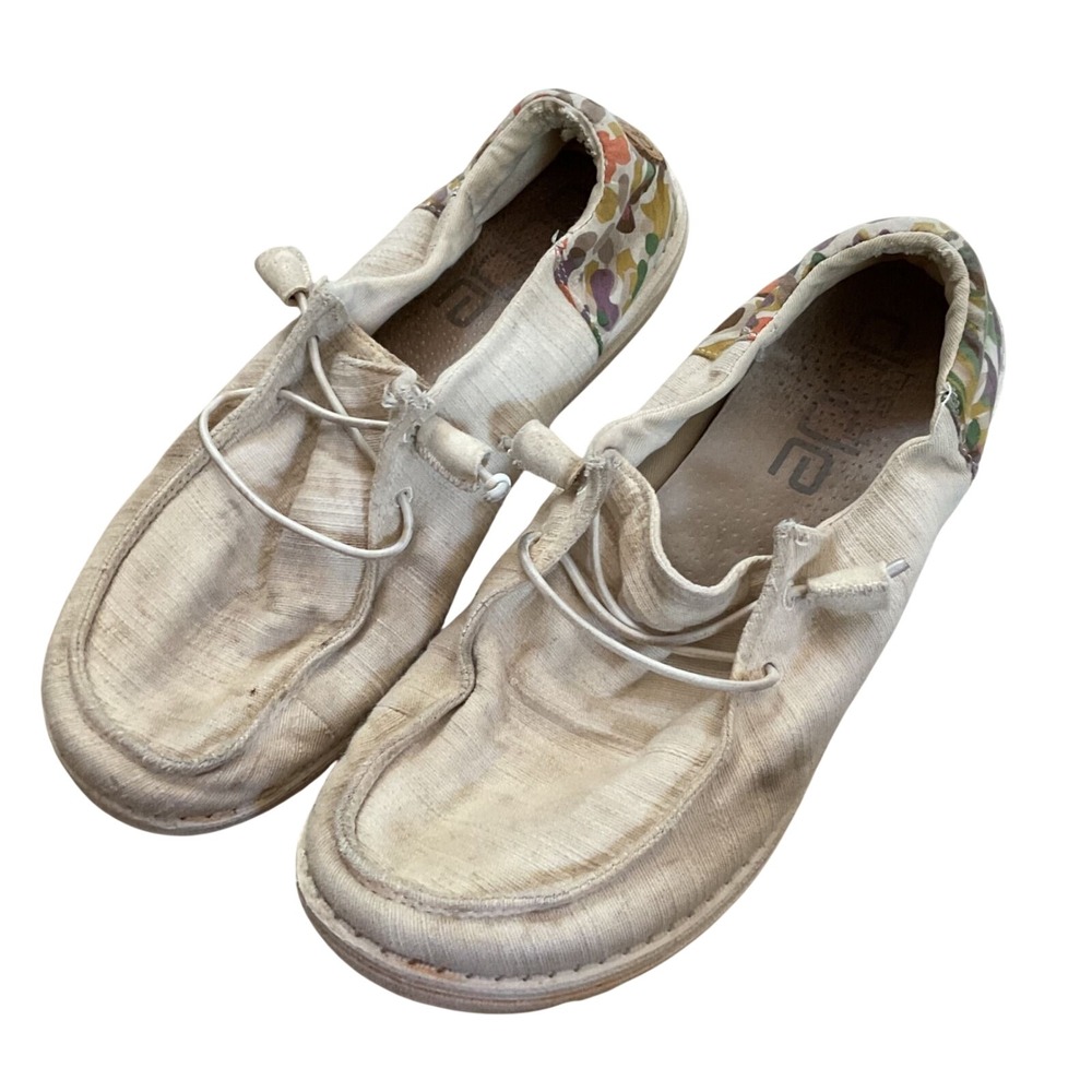 Hey Dude Wendy Funk Chambray White Leopard Print Slip On Loafers Womens 10